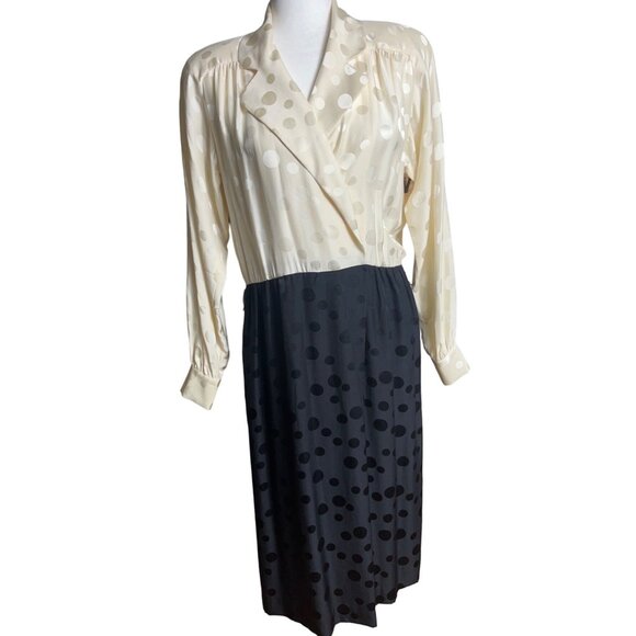 Liz Claiborne Silk Dress 80s Blouson Shirt Dress Midi Black Ivory Womens Sz 4-6 - Picture 1 of 10